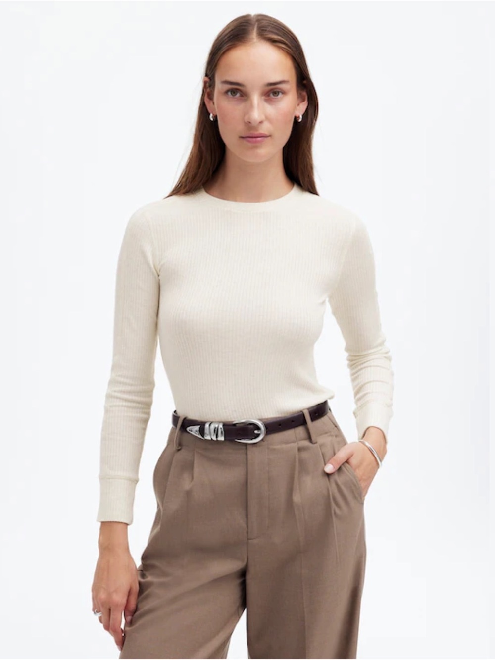 Madewell Ribbed Crewneck Long-Sleeve Tee - Hthr Cream